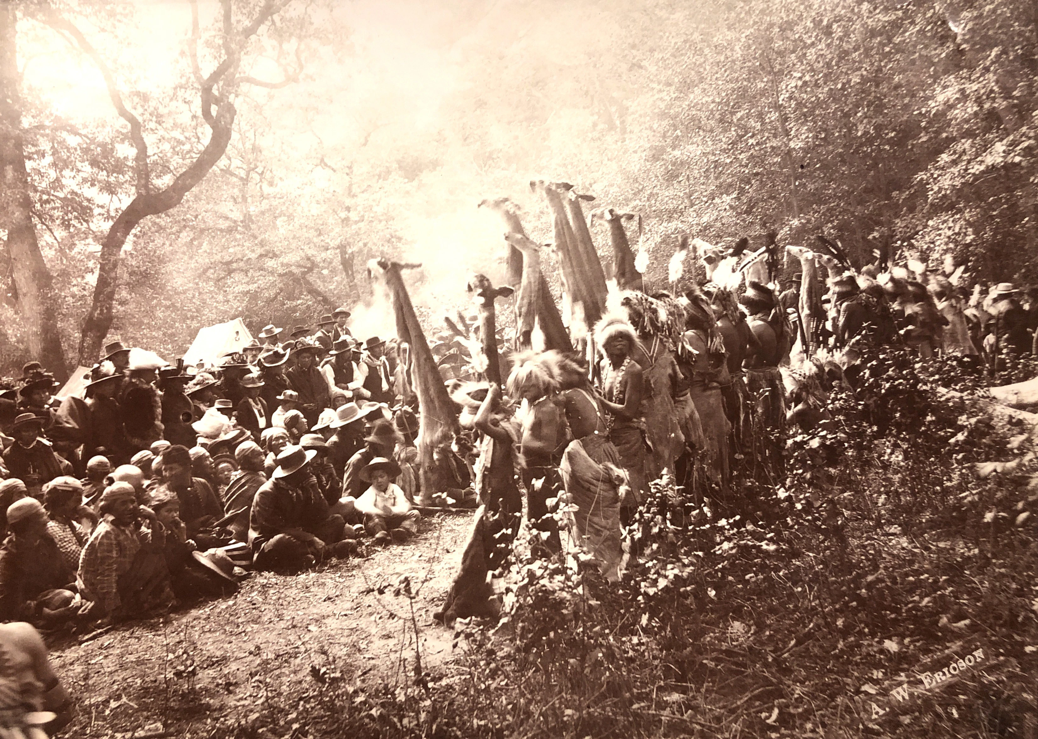 Members of the Hupa tribe performing a traditional White Deerskin Dance in 1896.